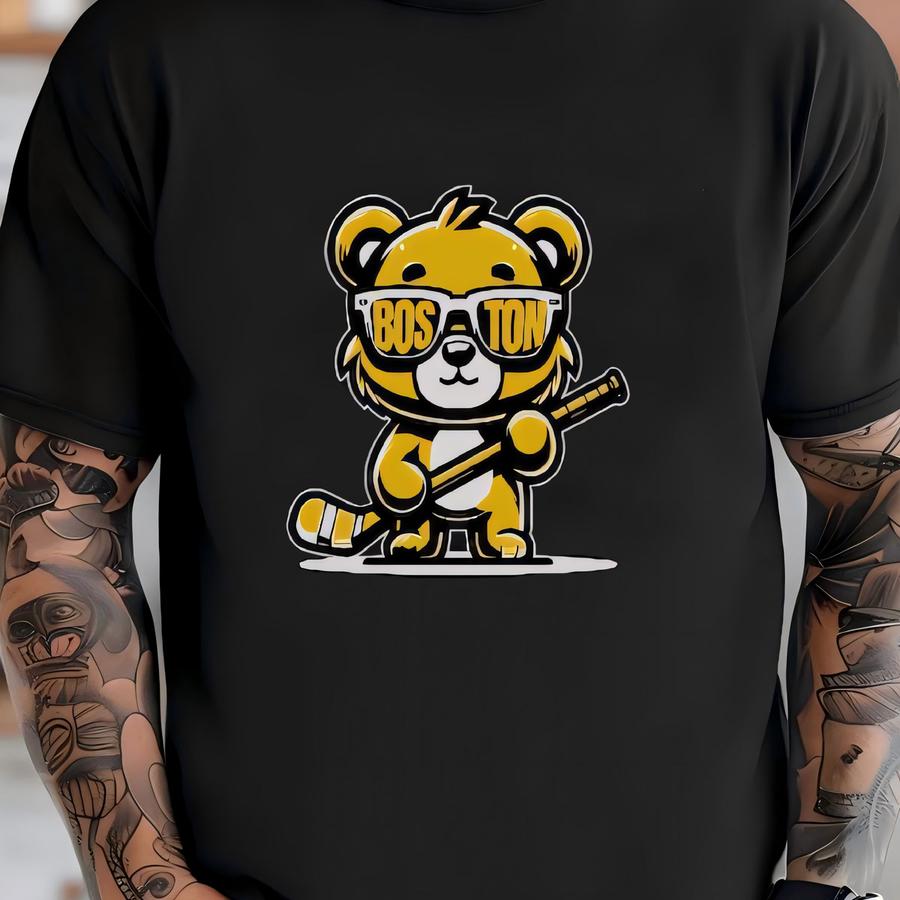 Youth Boston Hockey Apparel, Boys Girls Tshirts, Crewneck Sweatshirts, Hoodies, Gift For Sports Fan, Kids Game Day Gear, Bear Glasses T-shirt