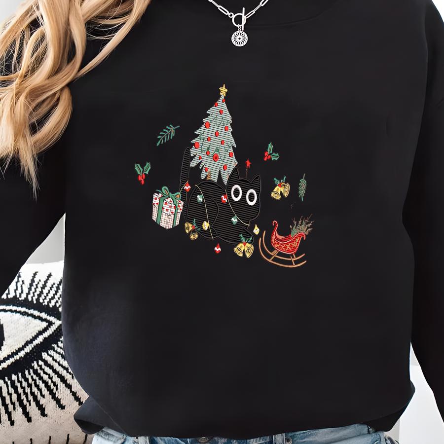 Christmas Cat Sweatshirt, Comfort Color And Classic Sweatshirt Choice Shirt, Cute Black Cat With Christmas Tree Shirt Sweatshirt