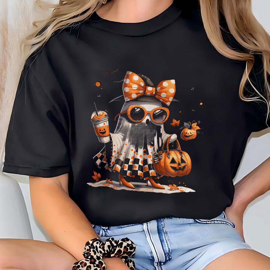 Boo-jee Ghost Halloween Shirt | ® Spooky Coffee Tee, Cute Fall Pumpkin Top, Girly Retro Halloween Gift T-shirt