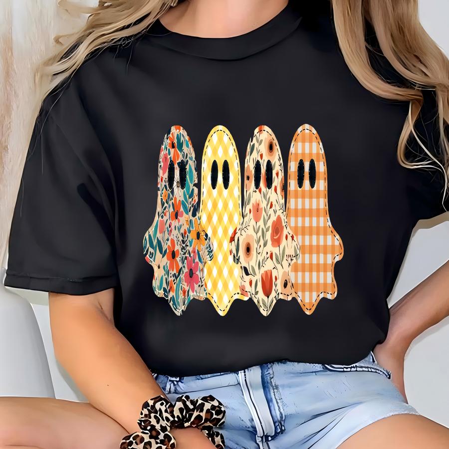 Spooky Season Ghost Shirt, Floral Patchwork Style Print Tee, Preppy Fall Pumpkin Shirt, Spooky Tee T-shirt