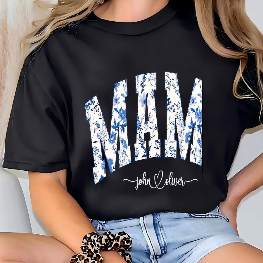 Personalized Nana Shirt, Blue Floral Grandma Mama Tee, Custom Names Mimi Nana Gigi Tshirt T-shirt