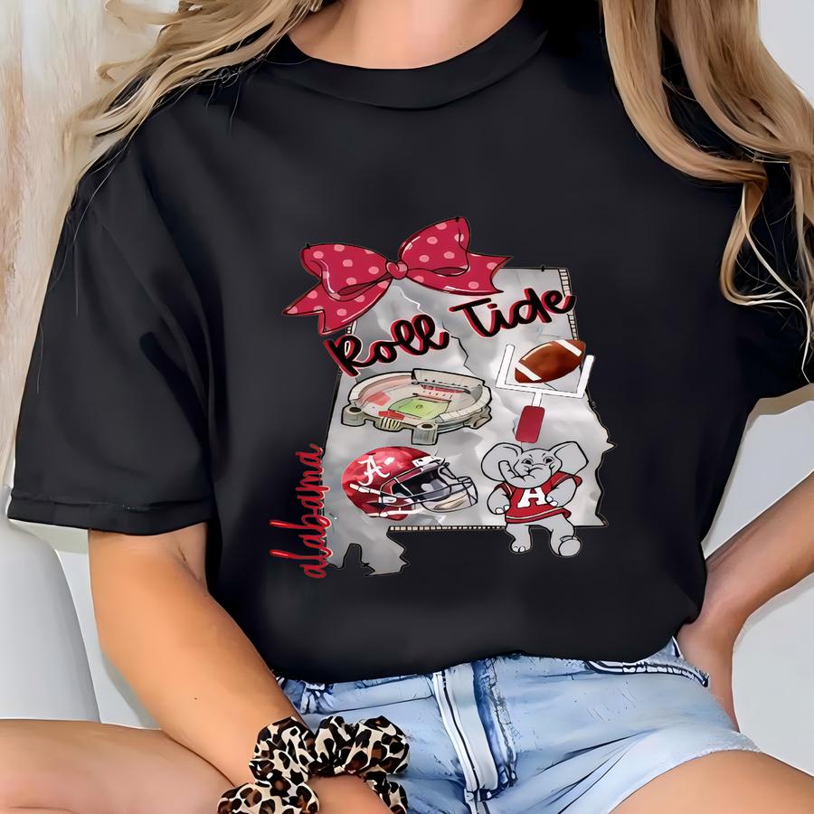 Coquette Bow Bama Hoodie, Women Football Shirt, Roll Tee, Game Day, Game Lover Apparel T-shirt