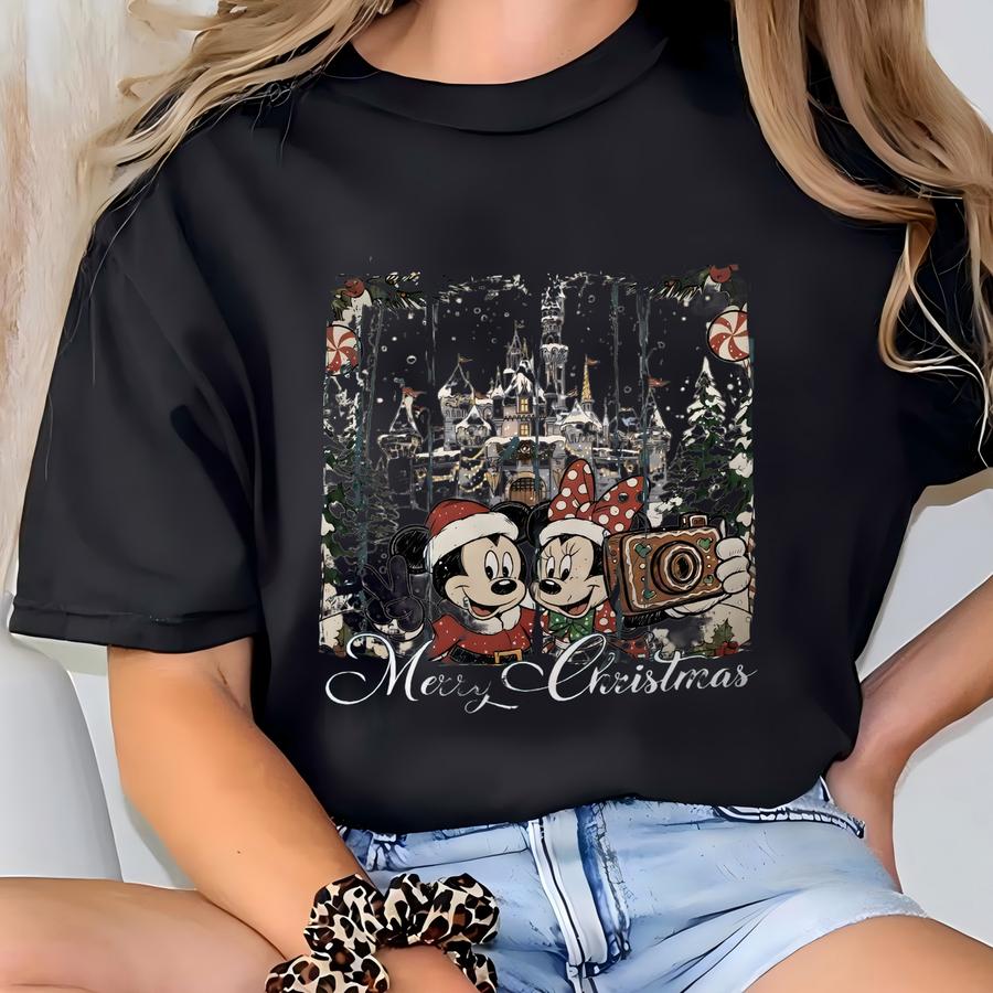 Vintage Merry Christmas Sweatshirt,  Mouse In Santa Hats Cosplay Shirt, Castle Christmas Shirt, Christmas Trip Shirt T-shirt