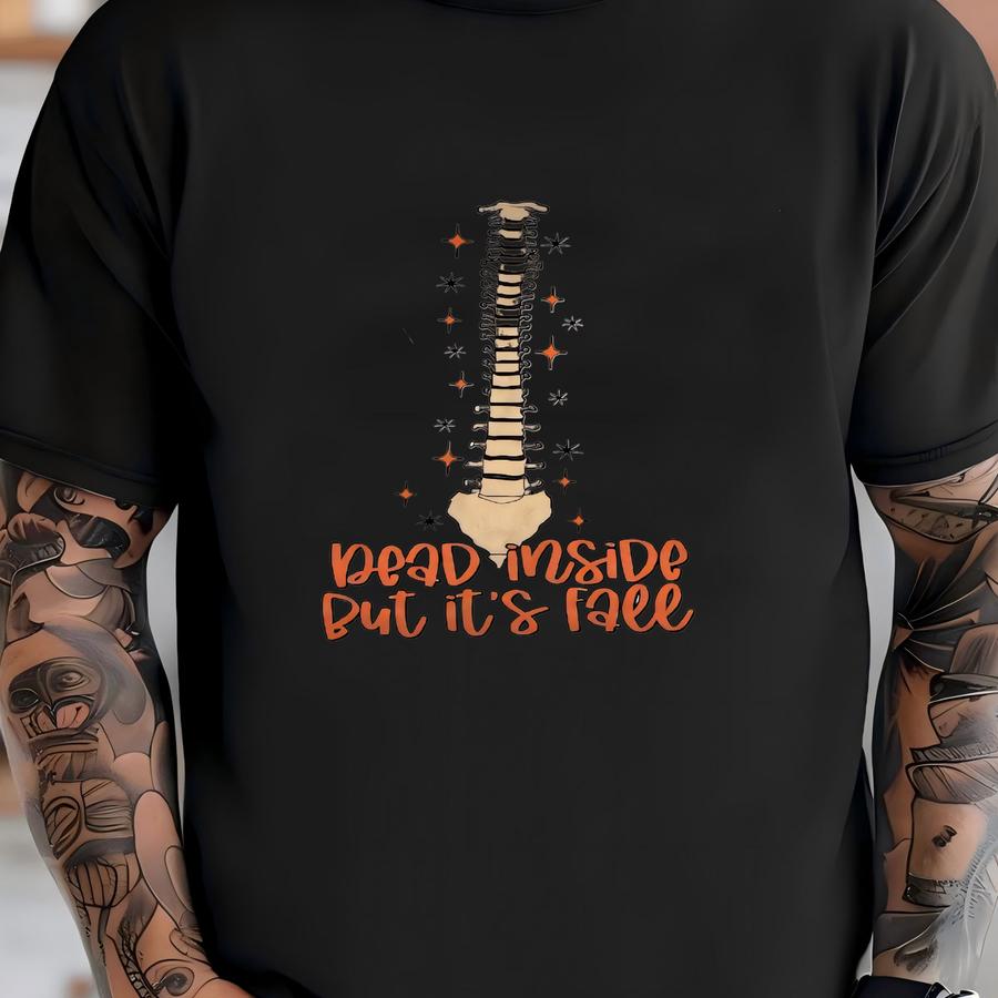 ® Dead Inside But It’s Fall Shirt, Retro Ribcage Pumpkin Skeleton Shirt, Spooky Halloween Graphic Shirt, Front Back Design T-shirt