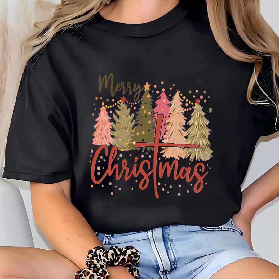 Merry Christmas Sweatshirt, Christian Christmas Hoodie, Christmas Cross Sweat, Xmas Tree, Holiday Christian Gift For Women,faith Cross Sweat T-shirt