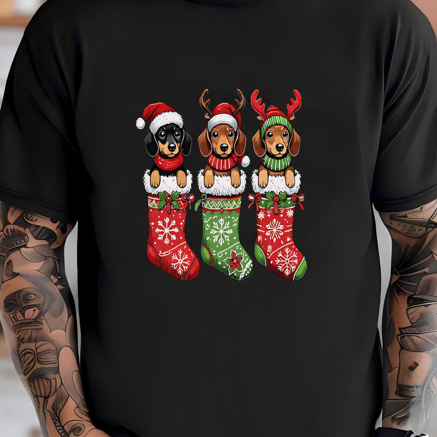 Dachshund In Stockings Christmas Sweatshirt, Cute Puppy Xmas Shirt, Wiener Dog Lover Hoodie, Holiday Pet Gift, Dachshund Christmas Shirt T-shirt