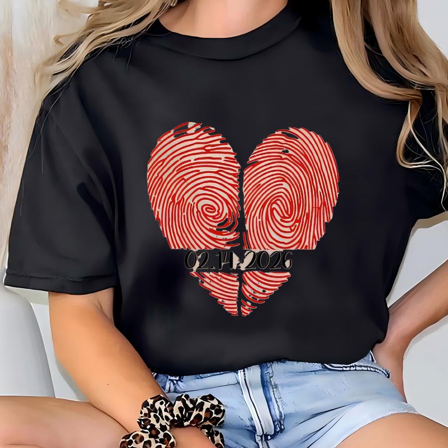Fingerprint Heart Tee, Custom Date Canvas Gift, Personalized Anniversary Wedding Gift, Valentine For Girl Friends T-shirt