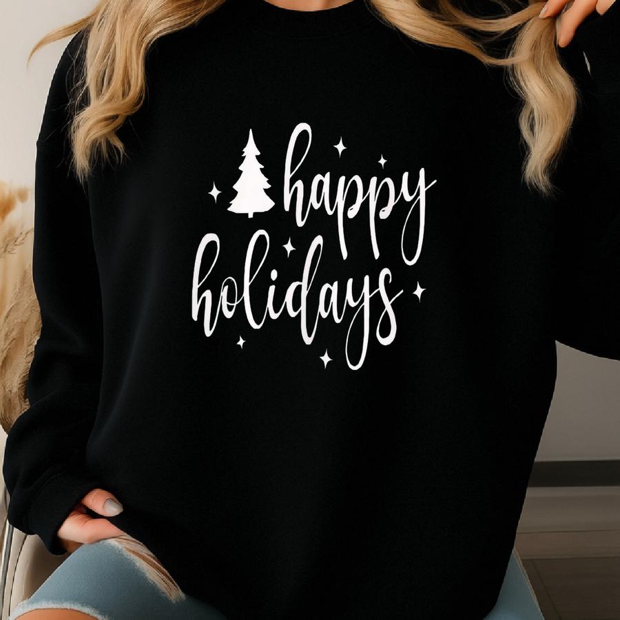 Happy Holidays Family Christmas Sweatshirt For Women, Holiday Pajama Top, Winter Office Party Shirt Sweatshirt