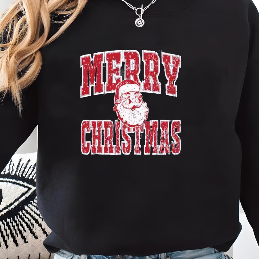 Infant Toddler Youth Retro Distressed Merry Christmas Sweatshirt Vintage Christmas Holiday Sweater Large Print Christmas Santa Sweatshirt