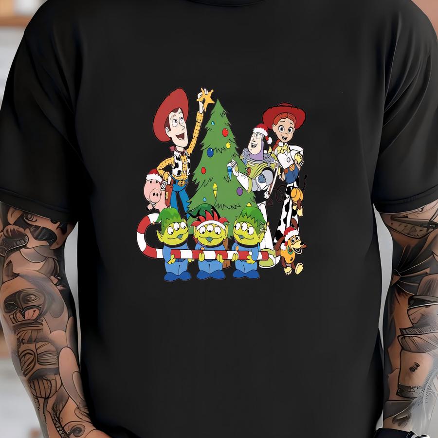 Christmas Cartoon Tee, Holiday Shirt With Tree Pixar Characters Crew T-shirt