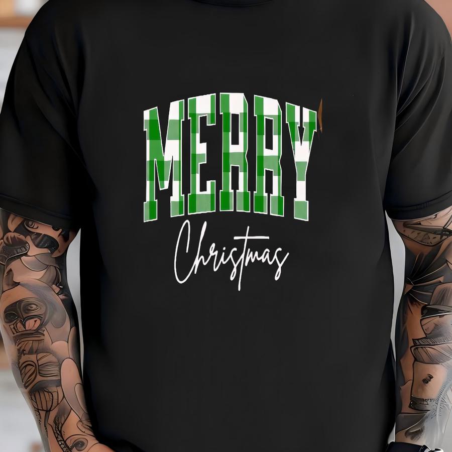 Buffalo Plaid Christmas Crewneck Sweatshirt, Xmas Gift Idea, Holiday Sweater, Unisex Winter Apparel, Green And White, Family Christmas Shirt T-shirt