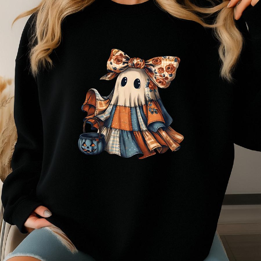 Floral Patchwork Ghost Shirt: Boho Halloween Tee Sweatshirt