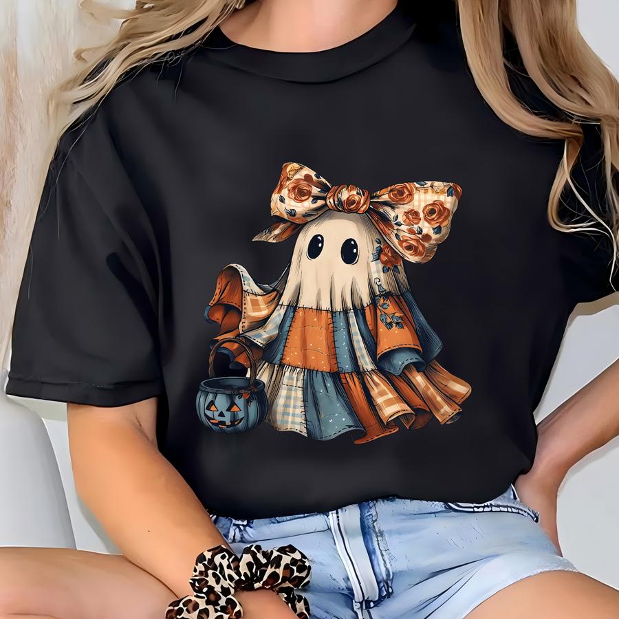 Floral Patchwork Ghost Shirt: Boho Halloween Tee T-shirt
