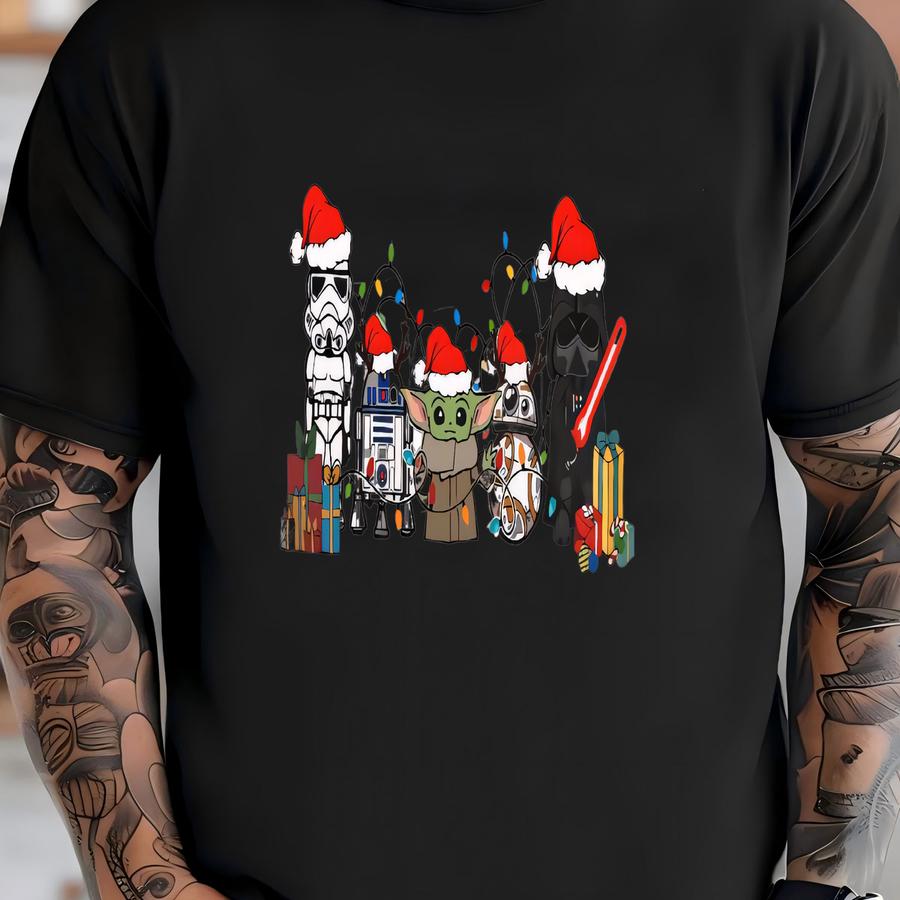 Star Wars Christmas Cartoon Shirt, Holiday Shirt With Baby Yoda, Droids Santa Characters T-shirt