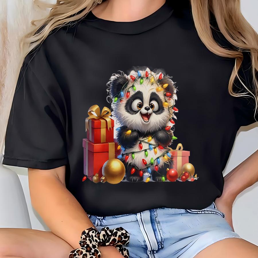 Personalized Baby’s First Christmas Ornament, Panda Ceramic Ornament, Panda Holiday Keepsake For Kids, Merry And Bright, Christmas Lights T-shirt