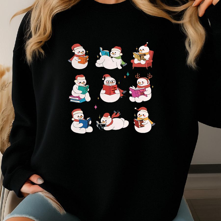 Christmas Book Lover Snowman T-shirt, Snowman Reading Book Shirt, Gift For Teacher, Book Lover Gift, Winter Holiday Bookish Sweater Sweatshirt