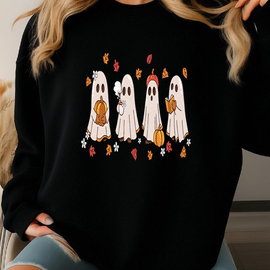 Cute Ghosts Reading Books Sweatshirt, Ghosts Reading Book Halloween Sweater, Book Lovers Halloween Gift, Ghosts Halloween Girly Sweater Sweatshirt