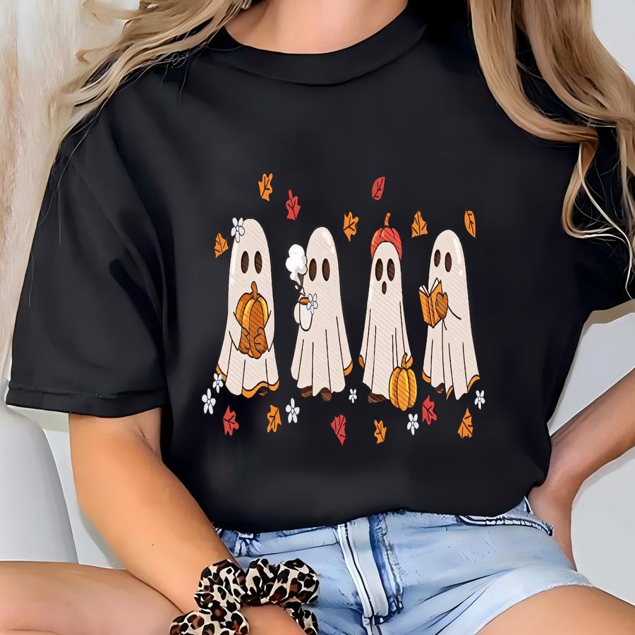 Cute Ghosts Reading Books Sweatshirt, Ghosts Reading Book Halloween Sweater, Book Lovers Halloween Gift, Ghosts Halloween Girly Sweater T-shirt