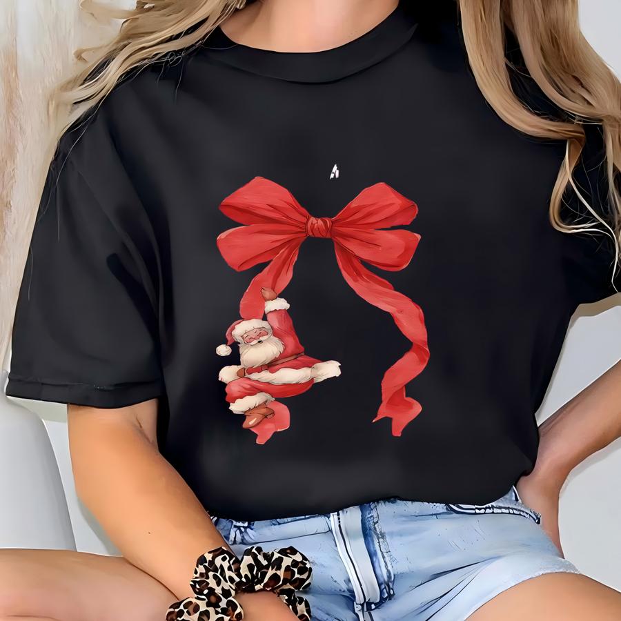 Coquette Bow Sweatshirt, Cute Red Ribbon Santa Sweatshirt, Merry Christmas Bows Sweater, Christmas Gift, Gift For Women T-shirt