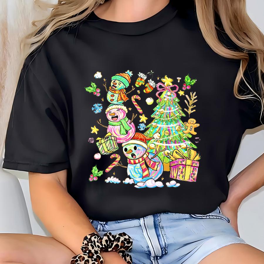 Christmas Snowman Sweatshirt, Christmas Tree Sweatshirt, Funny Colorful Snowman Shirt, Christmas Gift, Snowman Lover Shirt, Christmas Party T-shirt