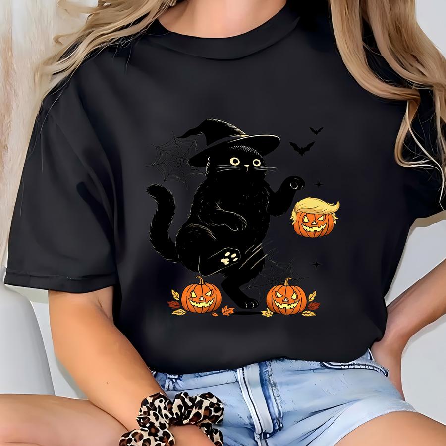 Cat Playing Pumpkin Halloween Sweatshirt, Cute Halloween Black Cat Sweatshirts, Spooky Pumpkin Halloween Shirt Crewneck Pullover Sweater T-shirt