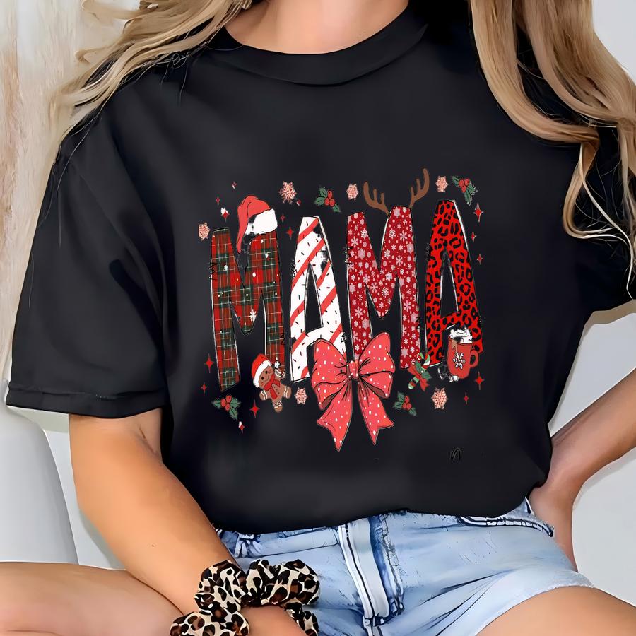 Christmas Mama Kids Name Shirt, Custom Christmas Mama Shirt, Christmas Mom Gift, Coquette Bow Christmas Mama, Christmas Mama Claus Sweater T-shirt