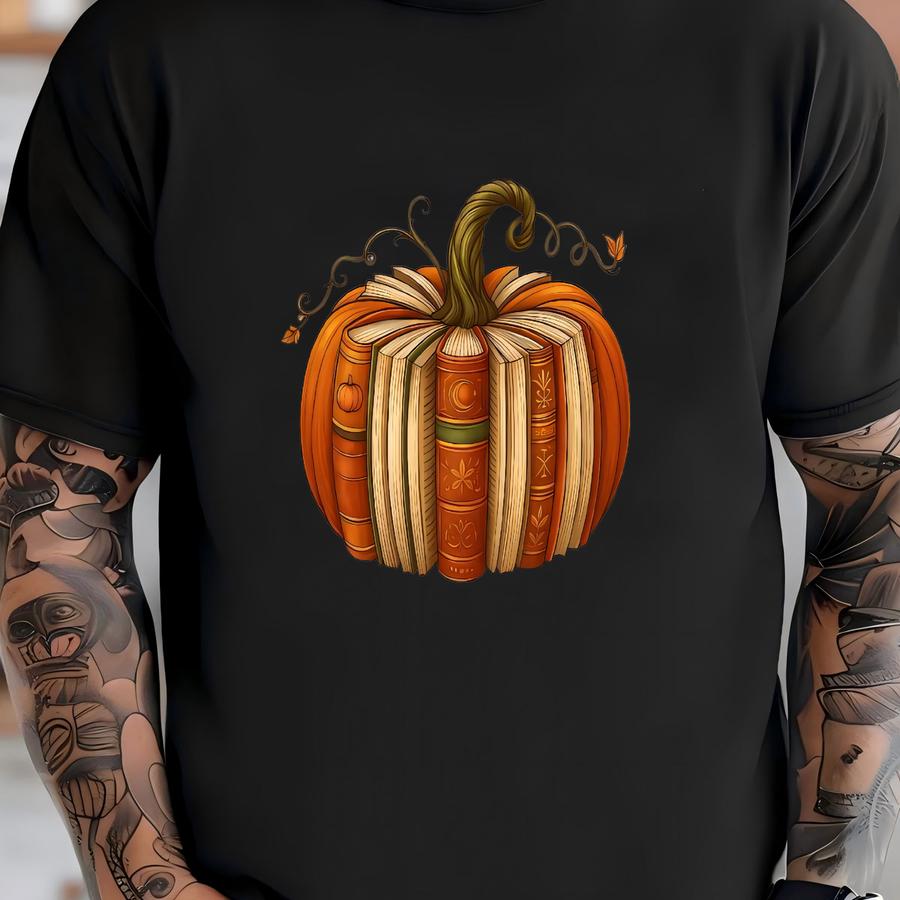 Bookish Pumpkin Sweatshirt, Fall Reading Pullover, Cozy Autumn Book Lover Crewneck, Pumpkin Book Stack Hoodie, Teacher Gift, Fall Outfit T-shirt