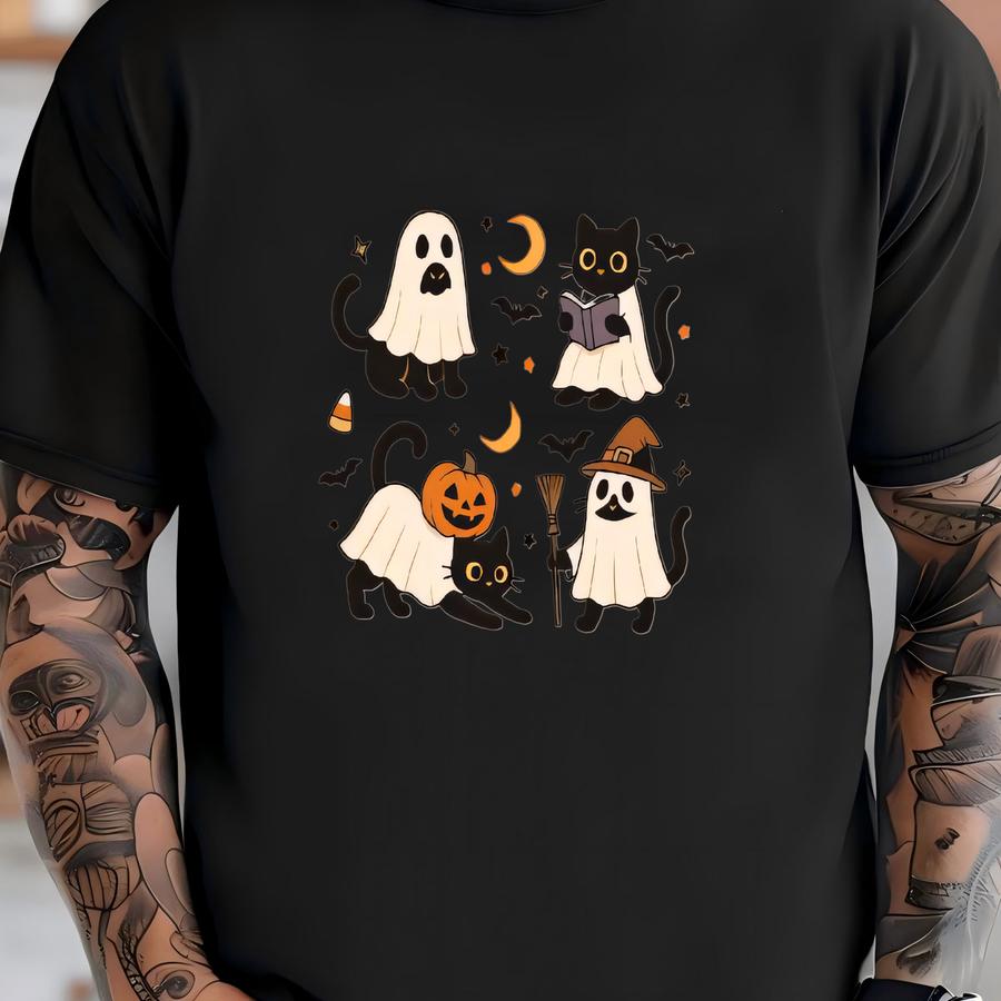 Ghost Cat Halloween Sweatshirt, Cute Spooky Pullover, Witchy Black Cat Crewneck, Cozy Fall Hoodie, Kawaii Halloween Gift, Autumn Outfit T-shirt