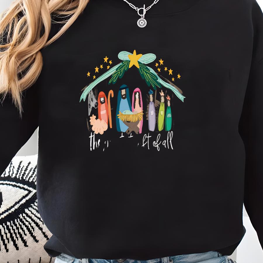 Christmas Sweatshirt- The Greatest Gift Of All Matthew 1:21 Nativity Scene Christian Crewneck Sweatshirt
