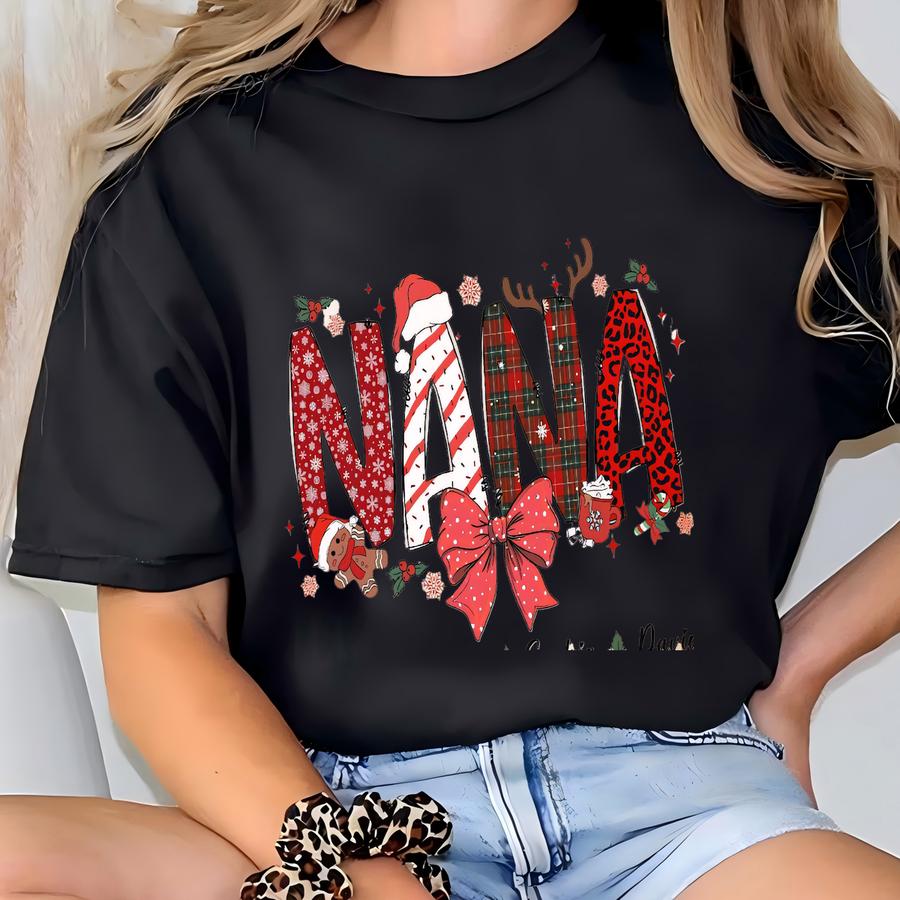 Christmas Nana Kids Name Shirt, Custom Christmas Nana Shirt, Christmas Mom Gift, Coquette Bow Christmas Nana, Christmas Nana Claus Sweater T-shirt