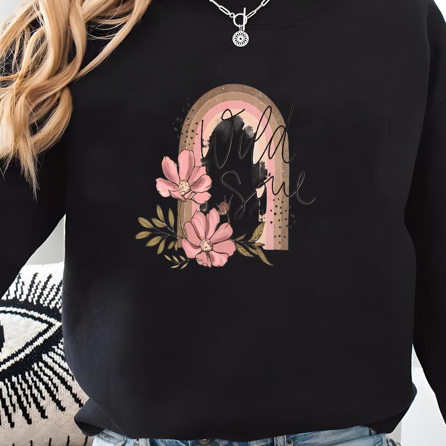 Wild Soul Floral Rainbow Retro Tshirt For Women, Boho Flower Retro Graphic Shirt, Womens Birthday Gift For Her, Gift For Girldfriend Sweatshirt