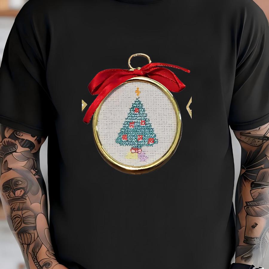 Vintage Cross Stitch Gold Accent Christmas Ornament Set 80s Candy Cane Tree Coke T-shirt