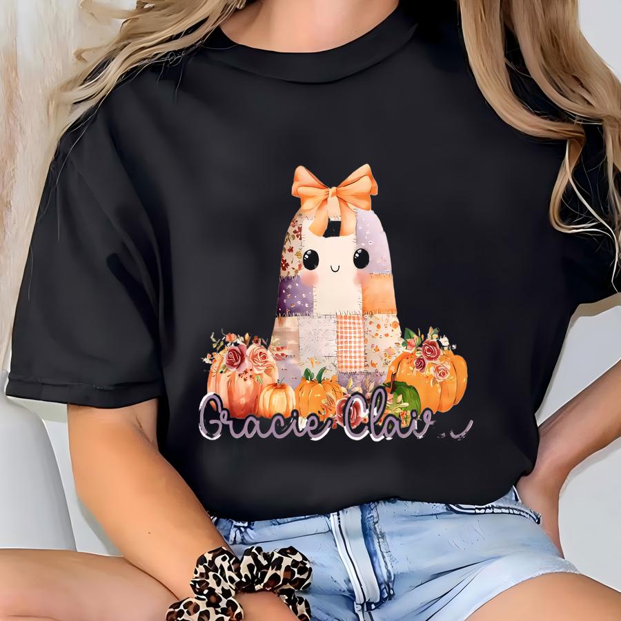 Patchwork Ghost Halloween Shirt Toddler Ghoul Spooky Cute Custom Name Sweatshirt Girly Fall Fashion Fall Bow Pumpkin Patch Outfit Youth Tee T-shirt