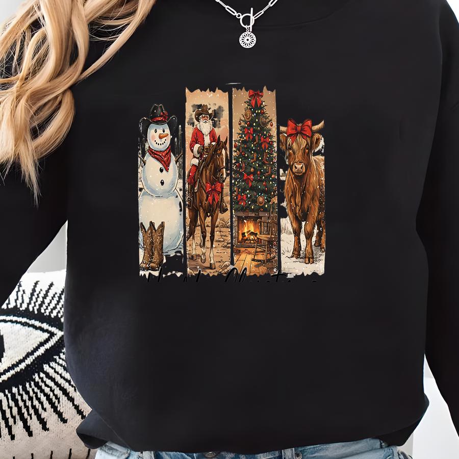 Western Christmas Uv/dtf Transfer: Cowboy Santa Farm Tree Snow Art Sweatshirt