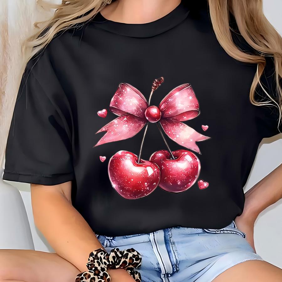 Cherry Bow Tee, Coquette Aesthetic Valentines Day Gift, Everyday Shoulder, Cute Valentine Gift For Her T-shirt