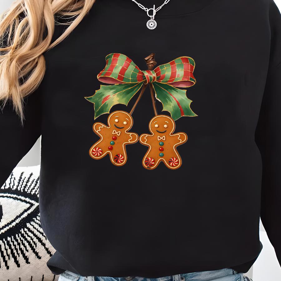 Gingerbread Christmas Shirt, Cute Holiday Bow Cookie Tee, Gingerbread Couple T-shirt, Festive Xmas Party Outfit, Holiday Baking Theme Top Sweatshirt