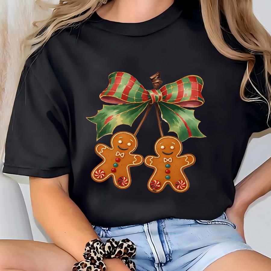 Gingerbread Christmas Shirt, Cute Holiday Bow Cookie Tee, Gingerbread Couple Hoodie, Festive Xmas Party Outfit, Holiday Baking Theme Top T-shirt