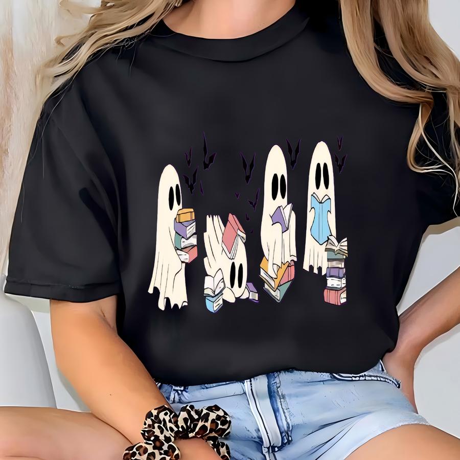 Ghost Reading Books Shirt, Bookish Halloween Tshirt, Teacher Halloween Gift, Halloween Ghost Books, Spooky Book Lover Tee, Read More Books. T-shirt