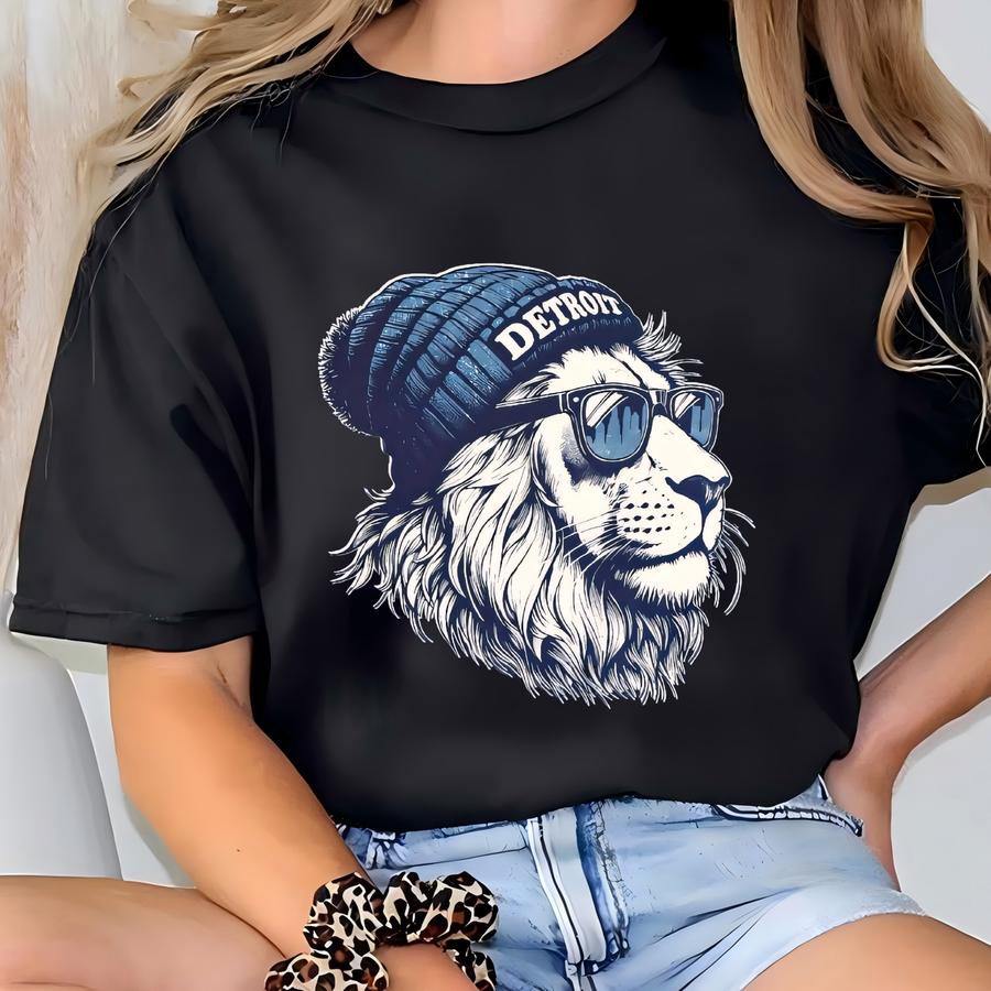 Wearing Beanie Sunglasses Shirt, Detroit Football Tee, Vintage Lion Mascot Shirt, Michigan Football Fan Gift. T-shirt