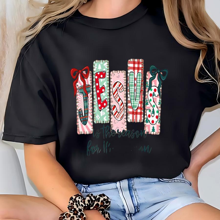 Jesus Is The Reason Shirt, Christian Christmas Tee For Women, Faith Holiday Cross And Bow Shirt, Religious Gift Idea T-shirt