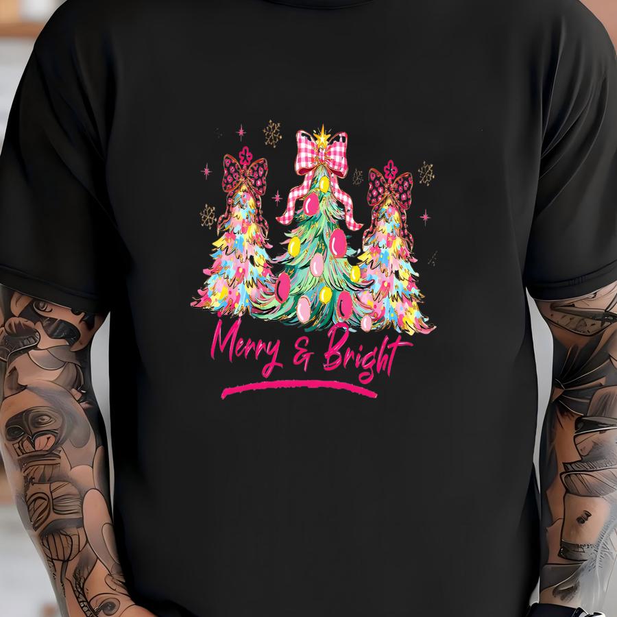 ® Christmas Merry Bright Tree Shirt, Pink Holiday Festive Bow Lights Tshirt, Cute Jolly Tee, Women Christmas Tshirt T-shirt
