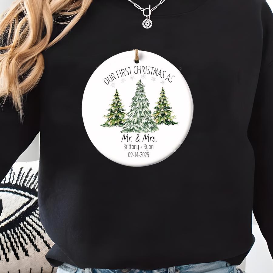 Our First Christmas As Mr. Mrs 2025 Ornament, Newlywed Christmas Ornament, Wedding Keepsake Ornament, Personalized Couple Gift Sweatshirt