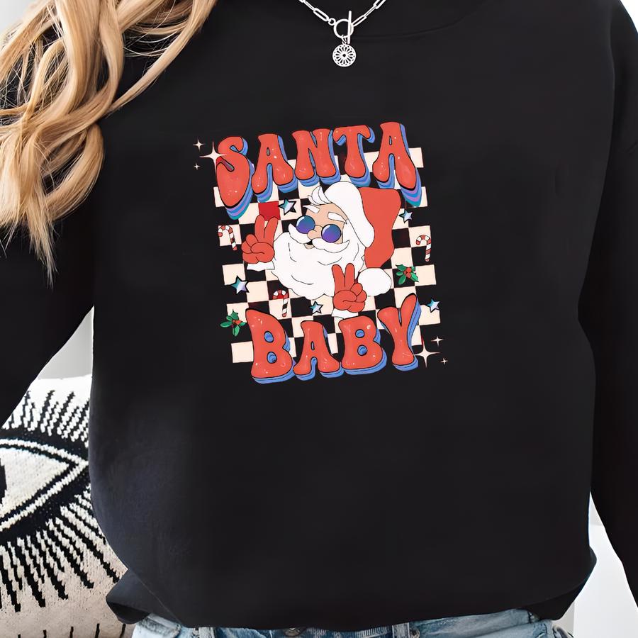 Santa Baby T-shirt: Retro Groovy Santa Claus Checkered Christmas Holiday Tee Shirt Sweatshirt