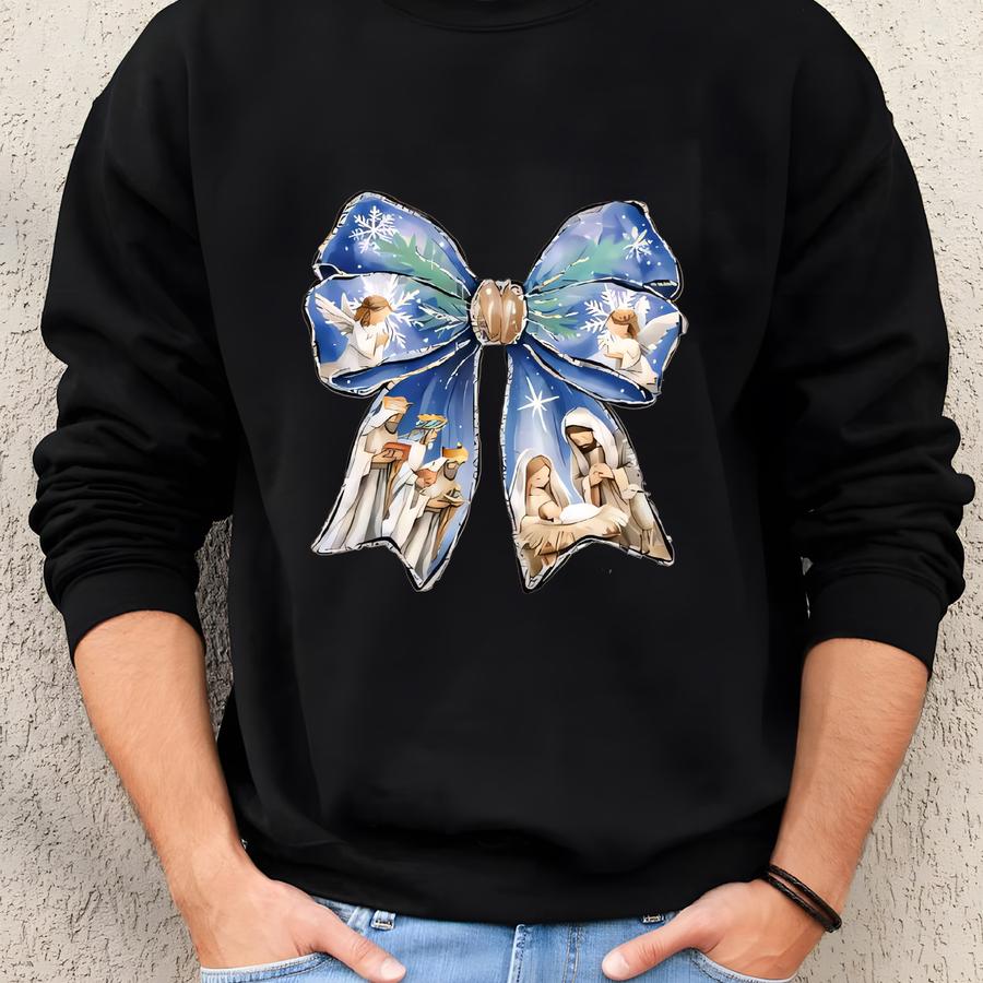 Jesus, Nativity Scene Christmas Coquette Bow Tee: Easter Crist Christian Gifts For Women Sweatshirt