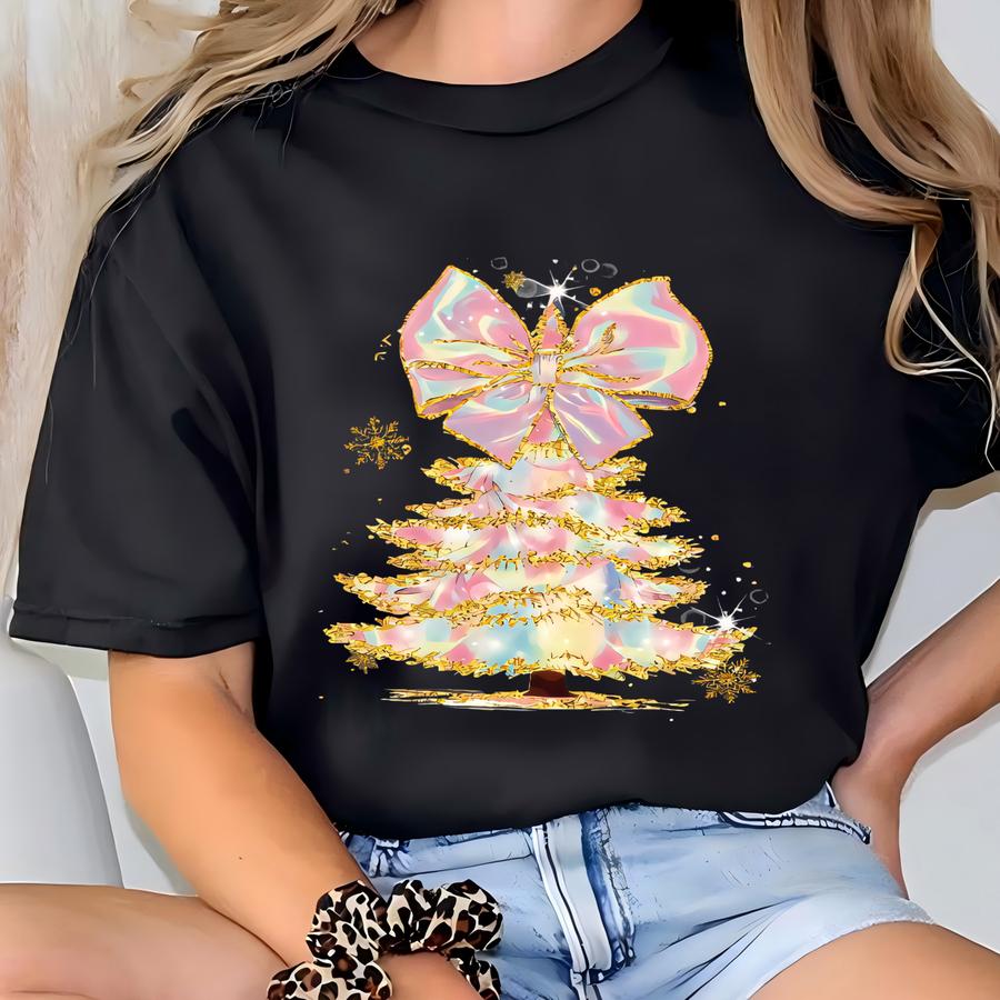 Christmas Tree Bow Shirt, Christmas Coquette Tshirt, Family Matching Tee T-shirt