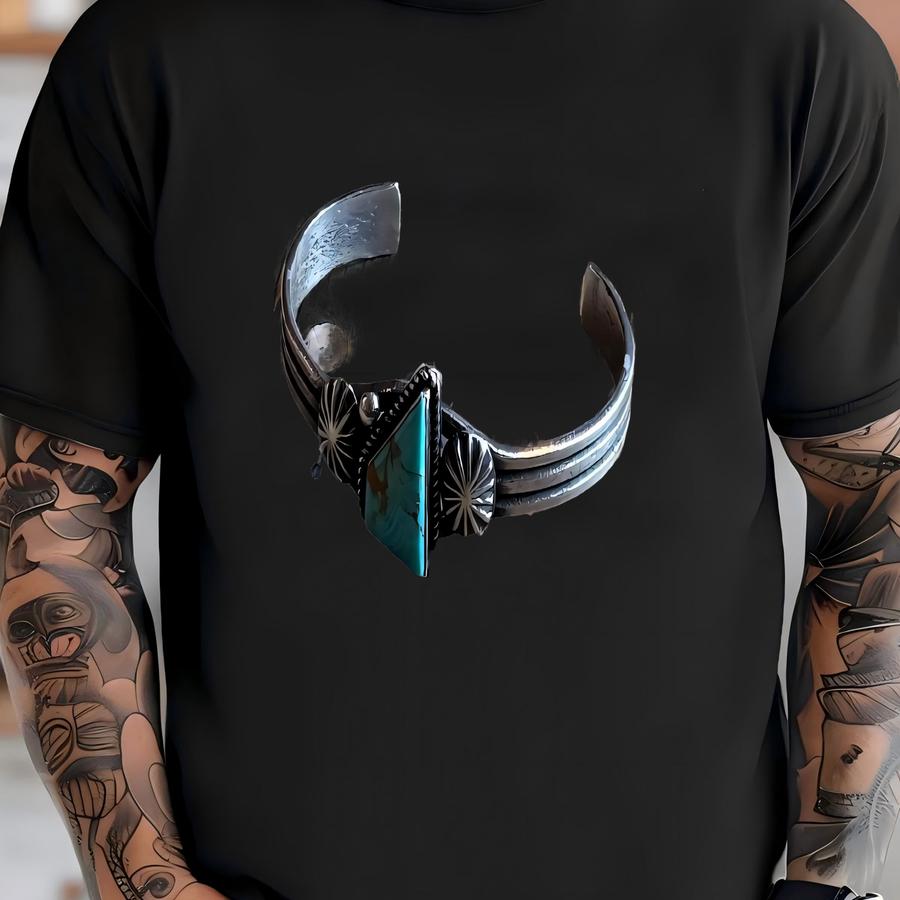 Vintage Navajo Native American Sterling Silver Turquoise Tufa Cast Cuff By Kirk Smith. Handmade In Usa. T-shirt