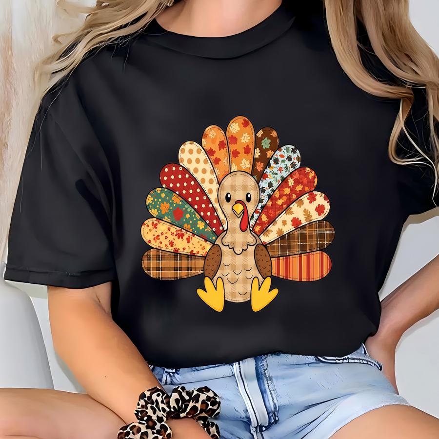 ®faux Patchwork Turkey Shirt,faux Turkey Thanksgiving Shirt,fall Shirt Thanksgiving Turkey Tee,faux Patchwork Look Shirt T-shirt