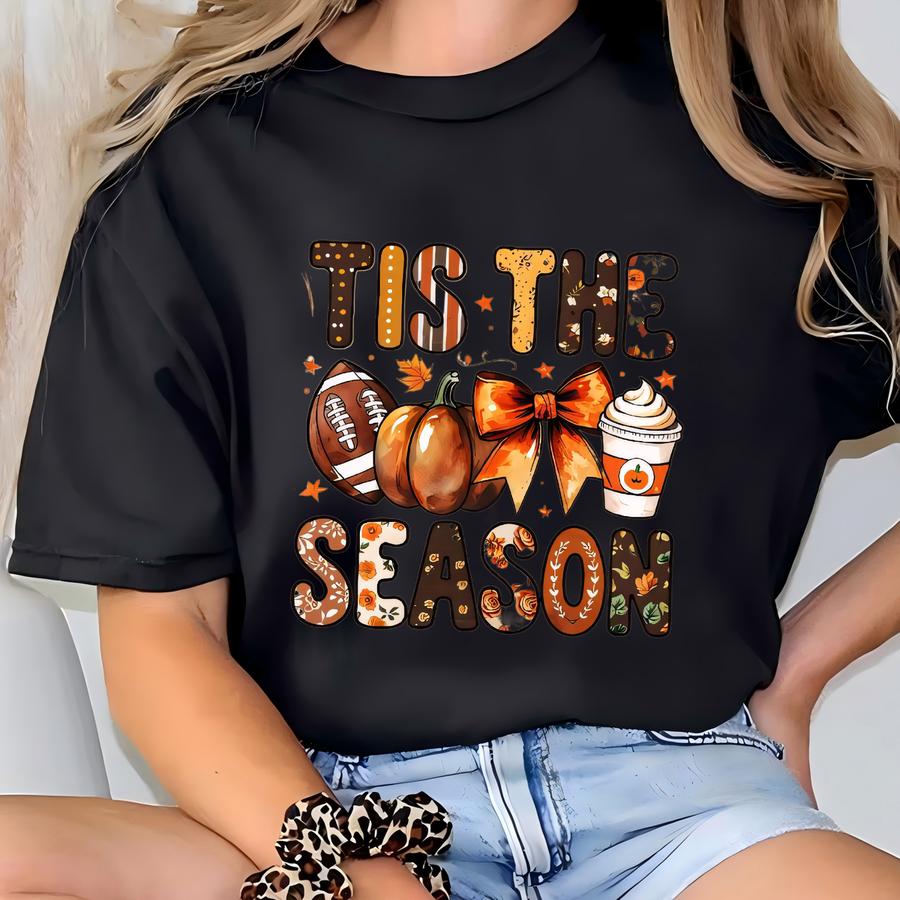 Tis The Season Football Shirt, , Tis The Season Sports Shirt, Retro Football Mom Tee, Pumpkin Coffee Fall Shirt, 164001 T-shirt