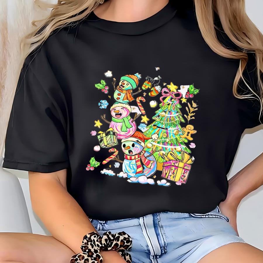 Xmas Tree Hoodie | Womens Graphic Crewneck Gift | Groovy Snowman Christmas Shirt | Holiday Aesthetic Sweatshirt | Family Matching Print T-shirt