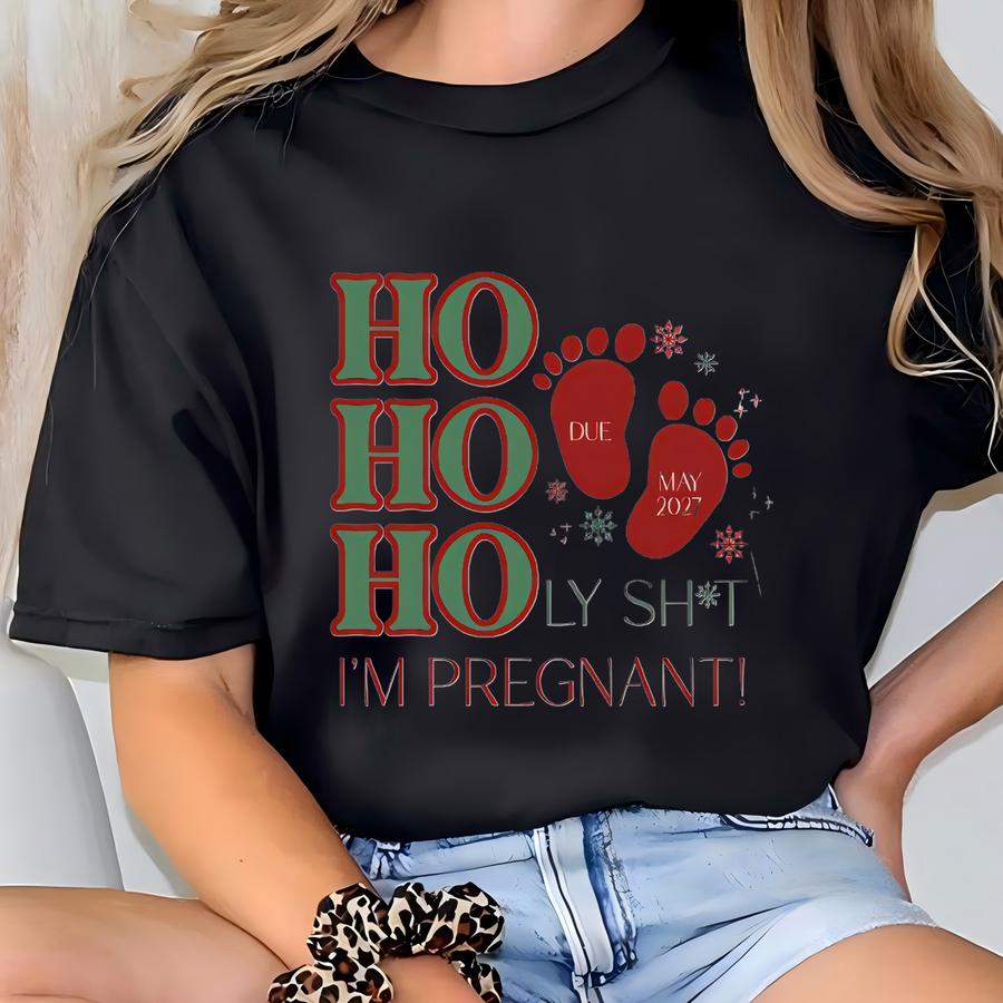 Christmas Pregnancy Announcement Shirt Funny Ho Ho Holy I'm Pregnant Couples Holiday Reveal Sweatshirt For Mom And Dad To Be Surpise T-shirt